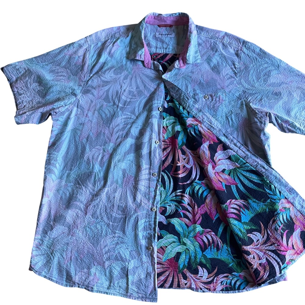 Tommy Bahama Nova Wave Shirt Mens 2XLT Blue Pink Tropical Seersucker Button Down